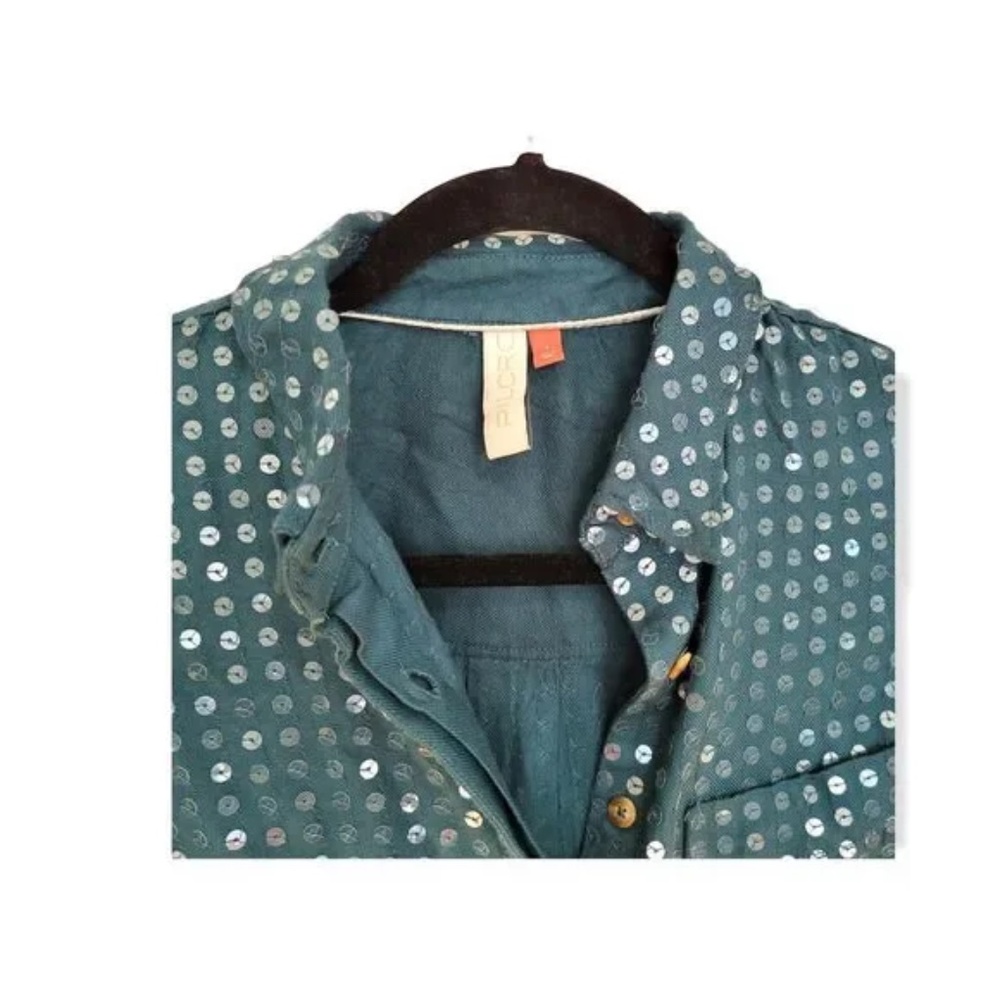 NWT!!  Anthropologie Teal Pilcro Sequined Sequin Button Up Top M - Picture 4 of 6